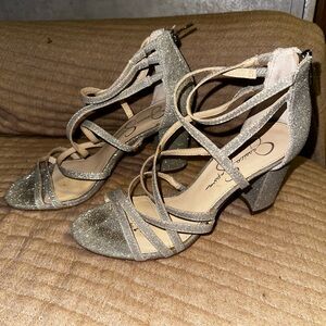 Jessica Simpson Stassey Glitter Strappy Block Heel Sandals- Silver